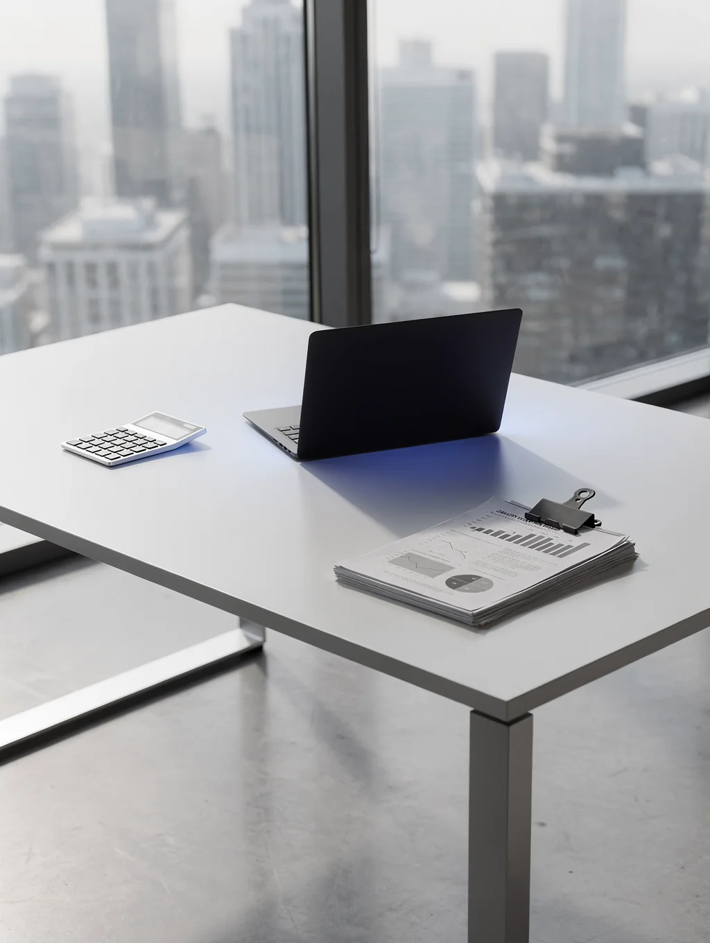 Accounting desk with financial documents, calculator, and laptop in warm lighting
